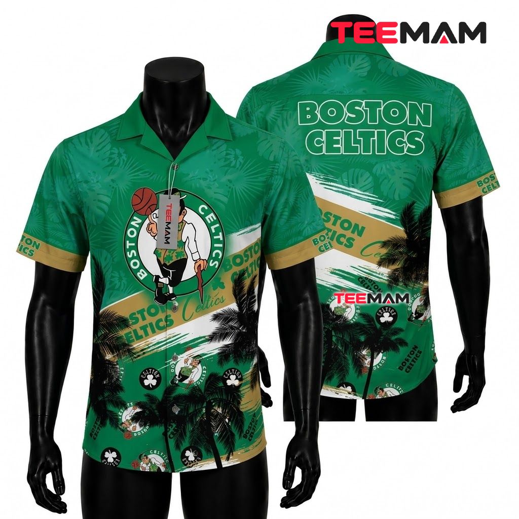 Boston Celtics Hawaiian Shirt Gold Brushstroke Front