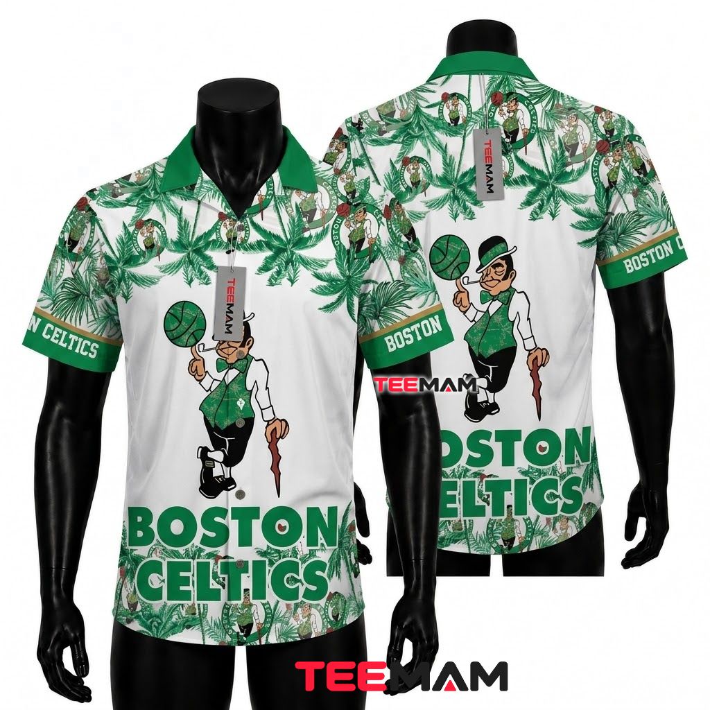 Boston Celtics Hawaiian Shirt Leprechaun Graphic White Beach Front