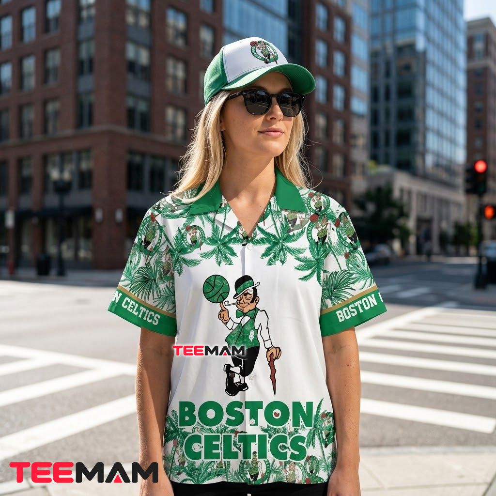 Boston Celtics Hawaiian Shirt Leprechaun Graphic White Beach Back Boston Celtics Hawaiian Shirt Leprechaun Graphic White Beach Back