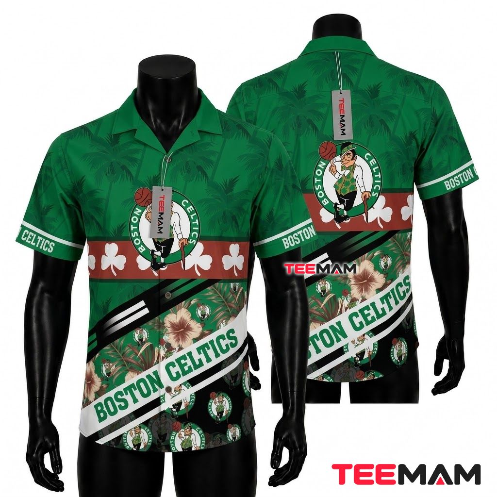 Boston Celtics Hawaiian Shirt Shamrock Striped Front