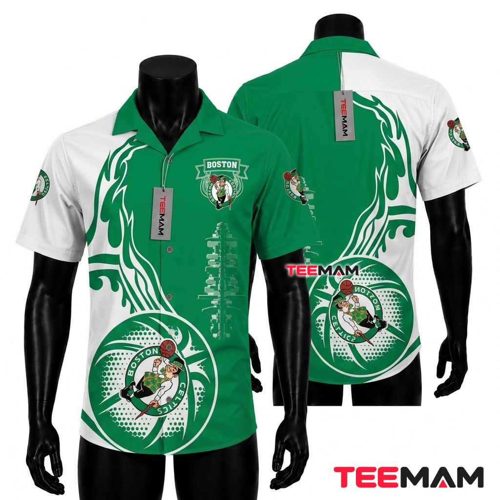 Boston Celtics Hawaiian Shirt Tribal Flame Front