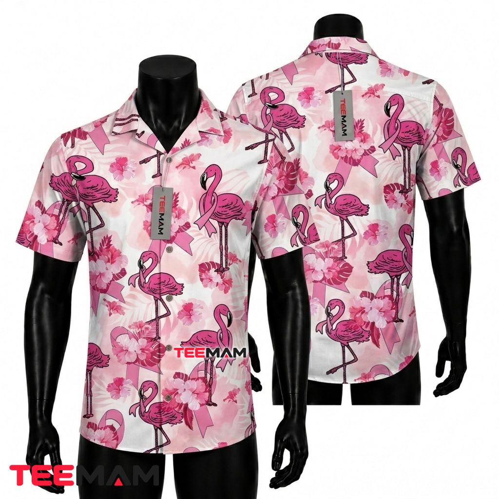 Breast Cancer Awareness Pink Ribbon Flamingo Hawaiian Shirt Tropical Floral Front