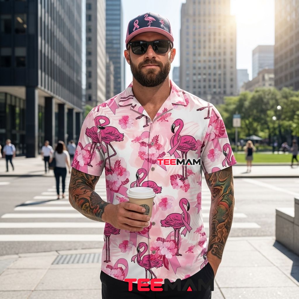 Breast Cancer Awareness Pink Ribbon Flamingo Hawaiian Shirt Tropical Floral Back Breast Cancer Awareness Pink Ribbon Flamingo Hawaiian Shirt Tropical Floral Back