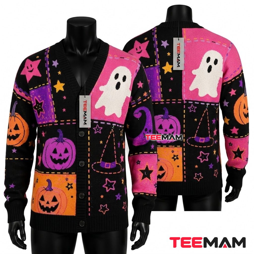Bright Halloween Cardigan Pumpkin Ghost Patchwork 1