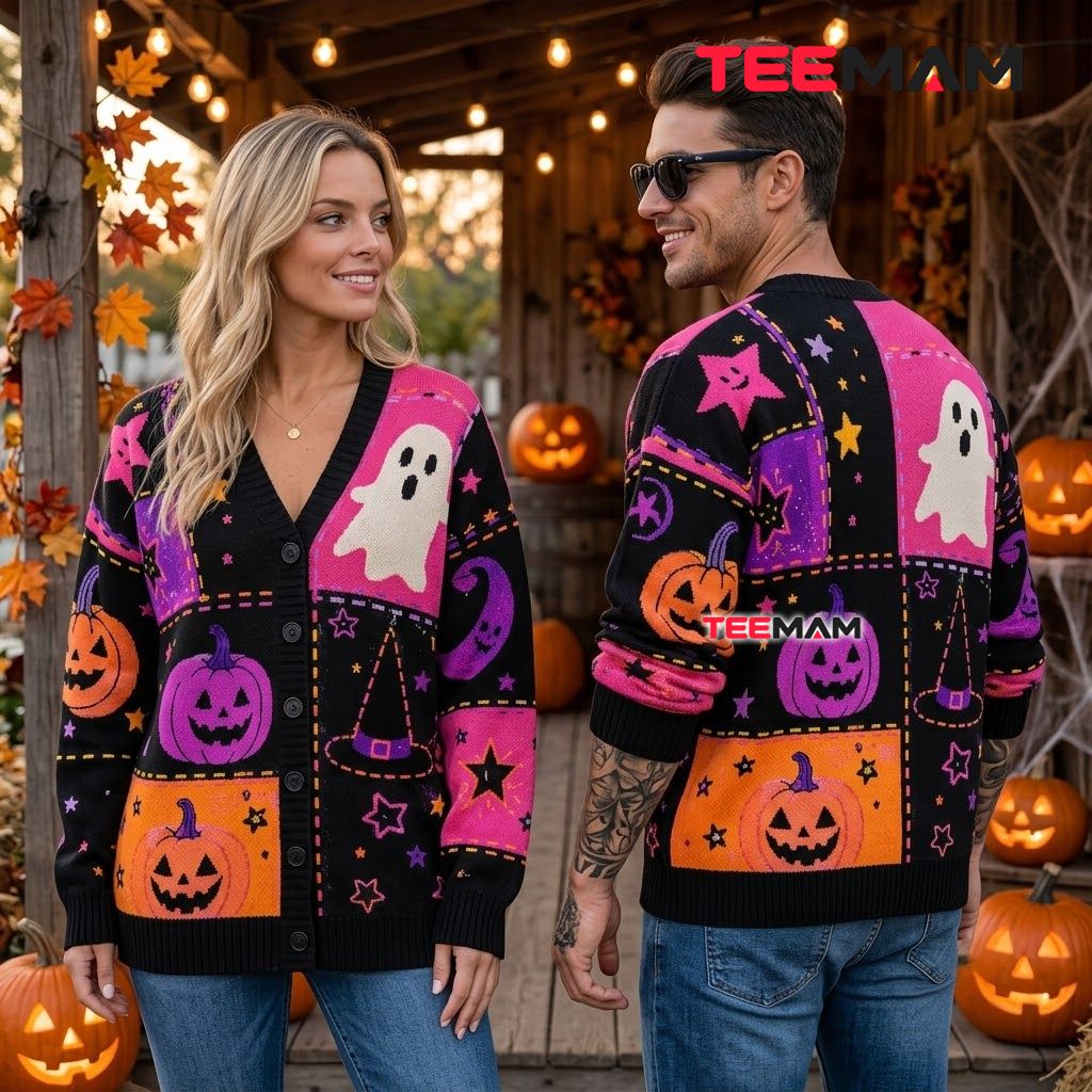 Bright Halloween Cardigan Pumpkin Ghost Patchwork 2 Bright Halloween Cardigan Pumpkin Ghost Patchwork 2