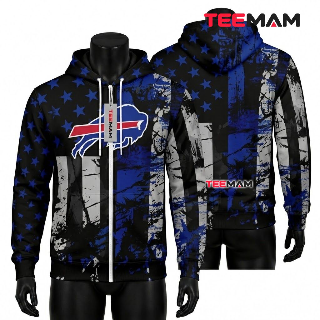 Buffalo Bills 3D Hoodie American Flag Grunge Splatter Print Front