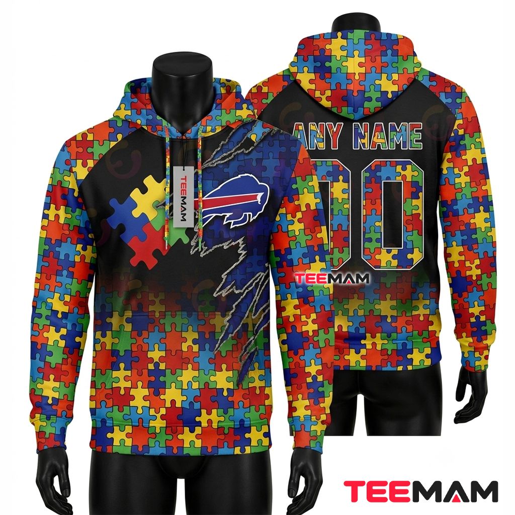 Buffalo Bills 3D Hoodie Autism Awareness Claw Scratch Front