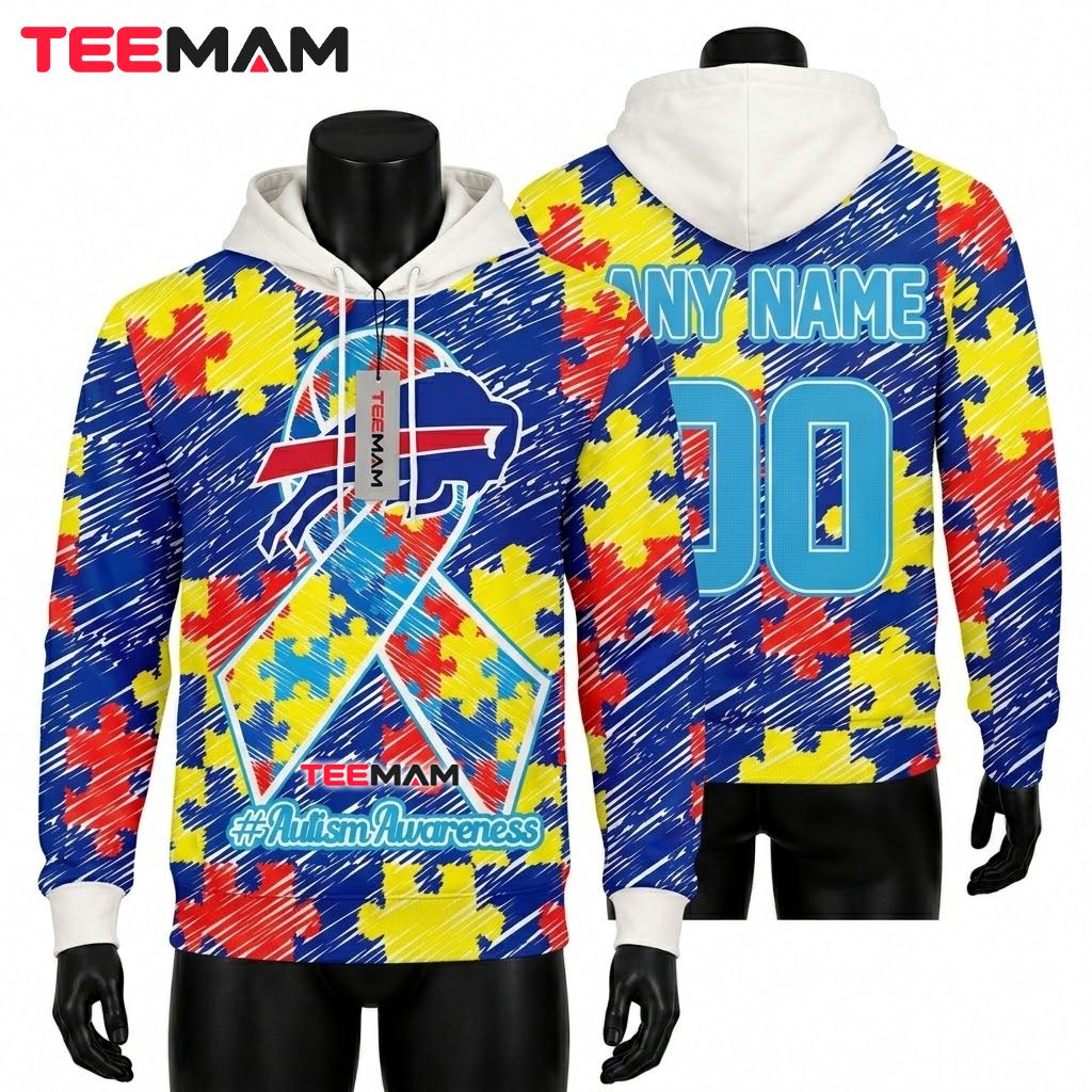 Buffalo Bills 3D Hoodie Autism Awareness Ribbon Puzzle Front