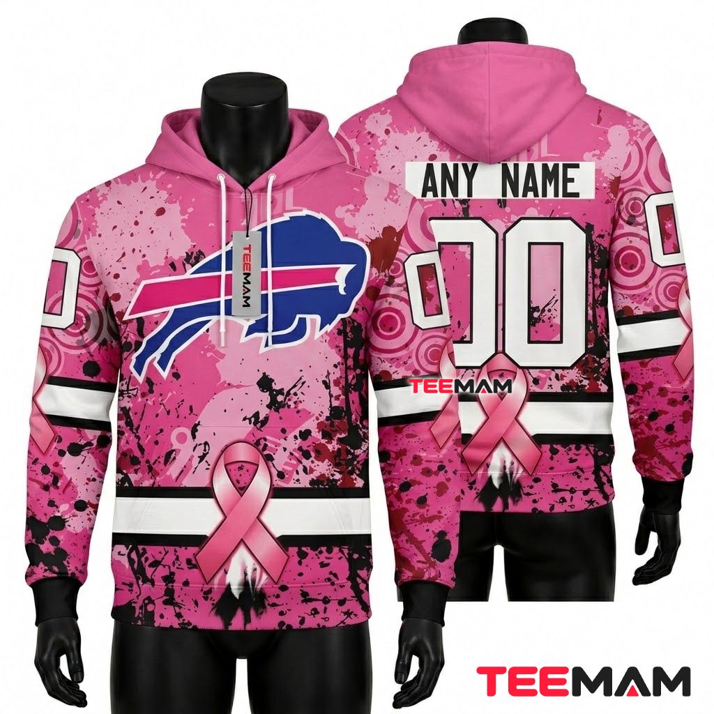 Buffalo Bills 3D Hoodie Breast Cancer Awareness Pink Ribbon Front