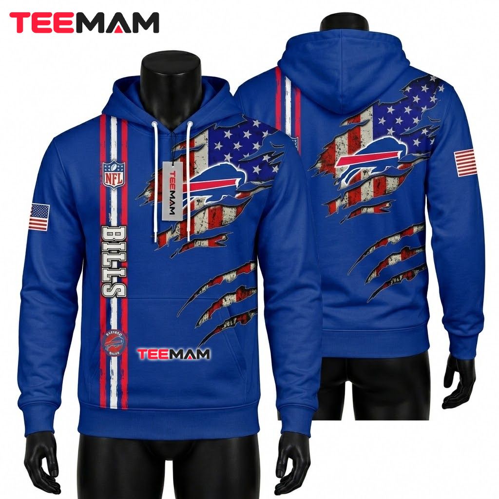 Buffalo Bills 3D Hoodie Claw Mark American Flag Print Front