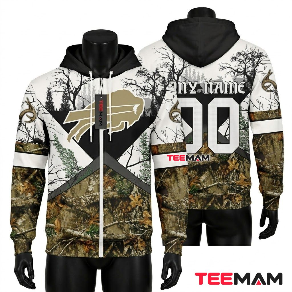Buffalo Bills 3D Hoodie Deer Skull Hunting Camo Style Front