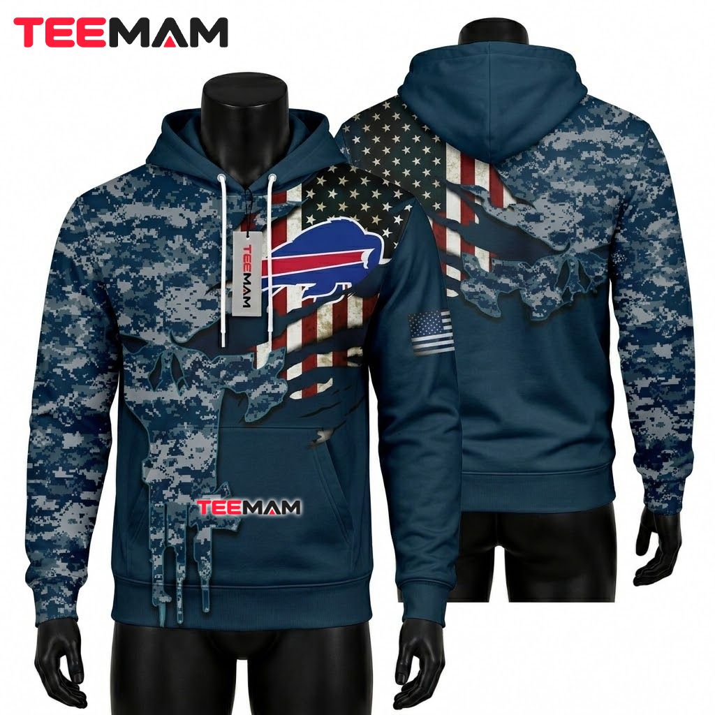 Buffalo Bills 3D Hoodie Digital Camo Skull US Flag Edition Front