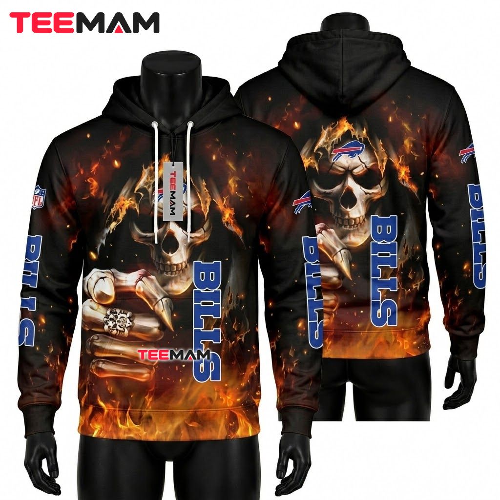 Buffalo Bills 3D Hoodie Flaming Skull Fire Print Front