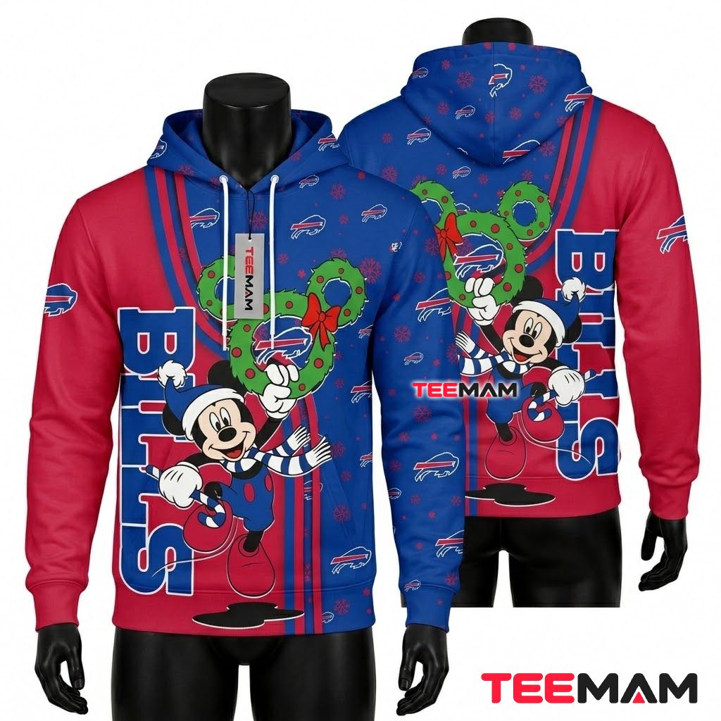 Buffalo Bills 3D Hoodie Mickey Mouse Christmas Wreath Print Front