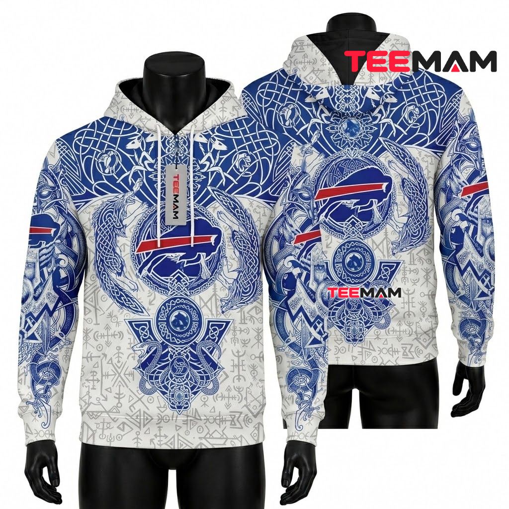 Buffalo Bills 3D Hoodie Norse Viking Wolf Symbols Front