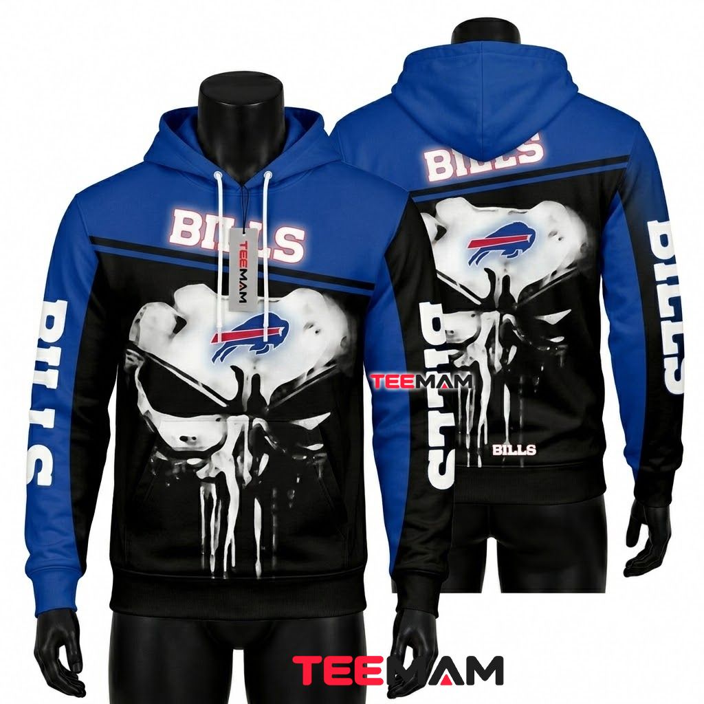Buffalo Bills 3D Hoodie Punisher Skull Drip Print Front