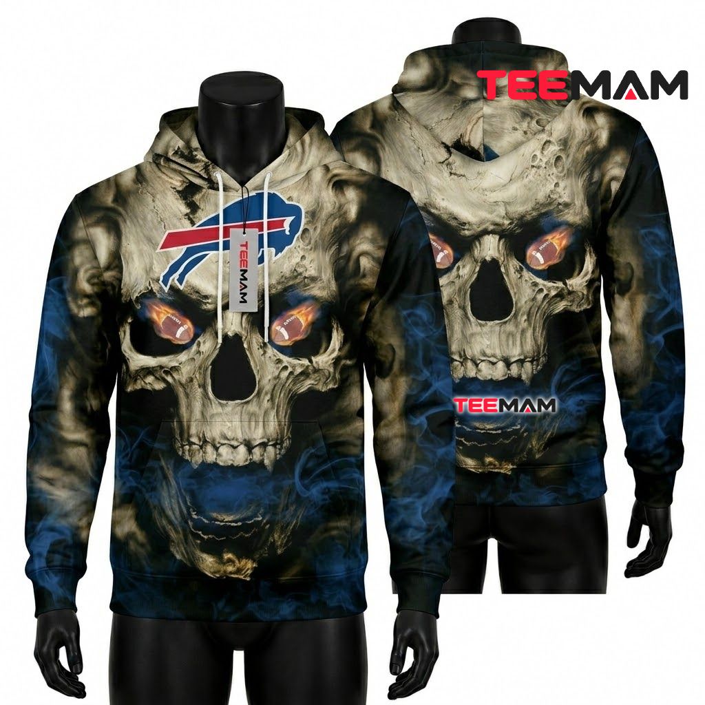 Buffalo Bills 3D Hoodie Skull Football Fire Eyes Print Front