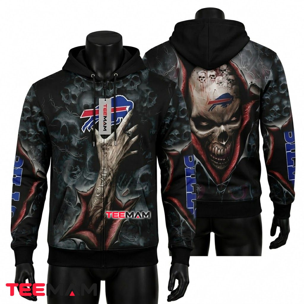 Buffalo Bills 3D Hoodie Skull Hand Horror Print Front