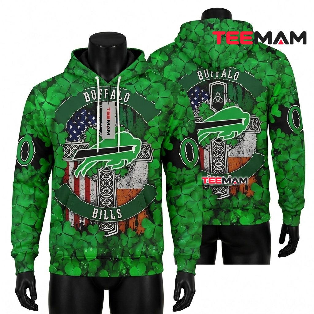 Buffalo Bills 3D Hoodie St Patricks Day Shamrock Cross Front
