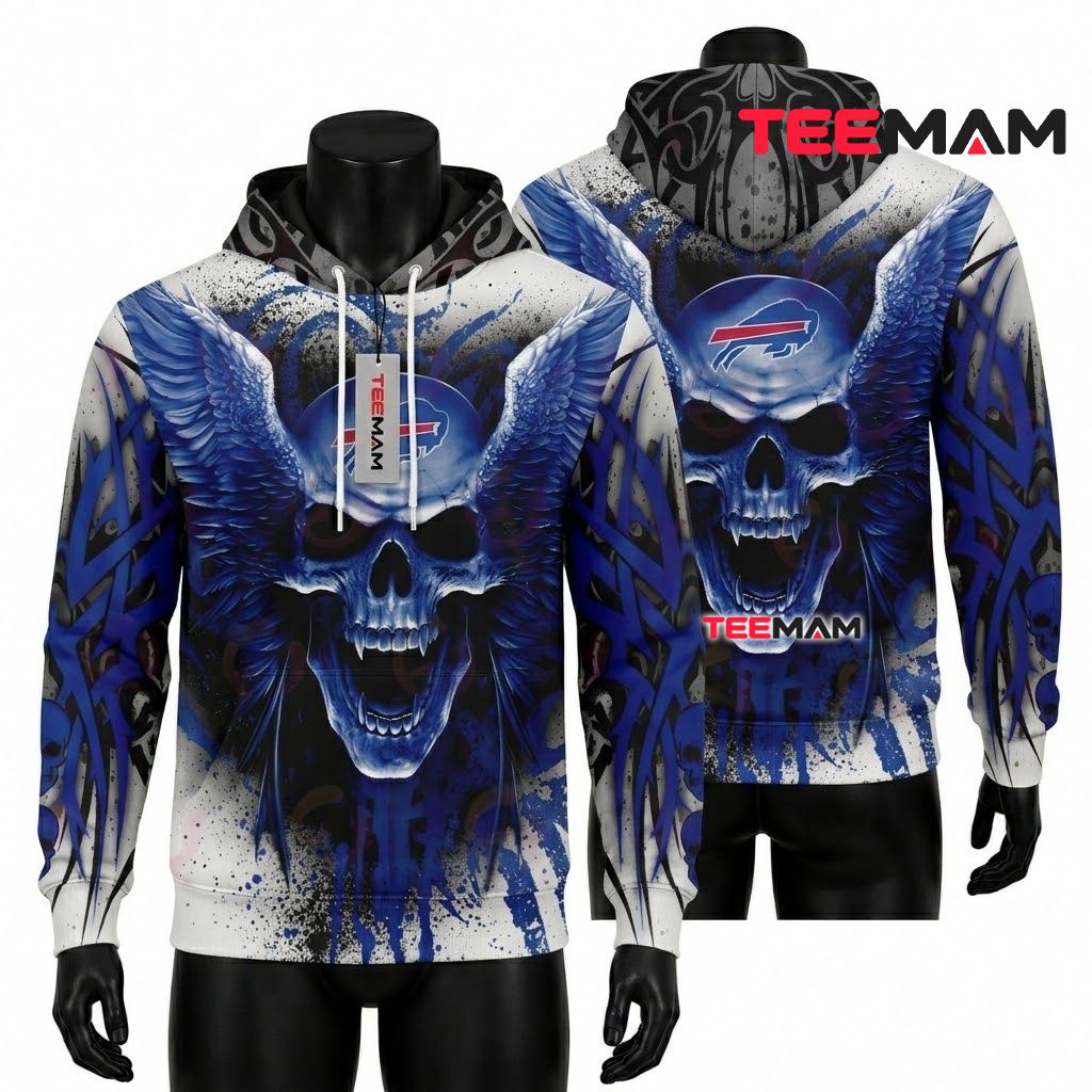 Buffalo Bills 3D Hoodie Winged Skull Blue Flame Front