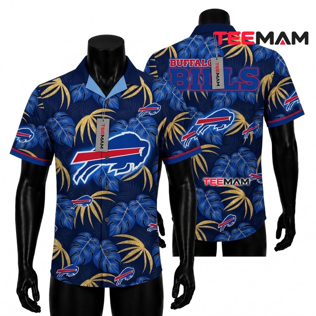Buffalo Bills Hawaiian Shirt Monstera Gold Front