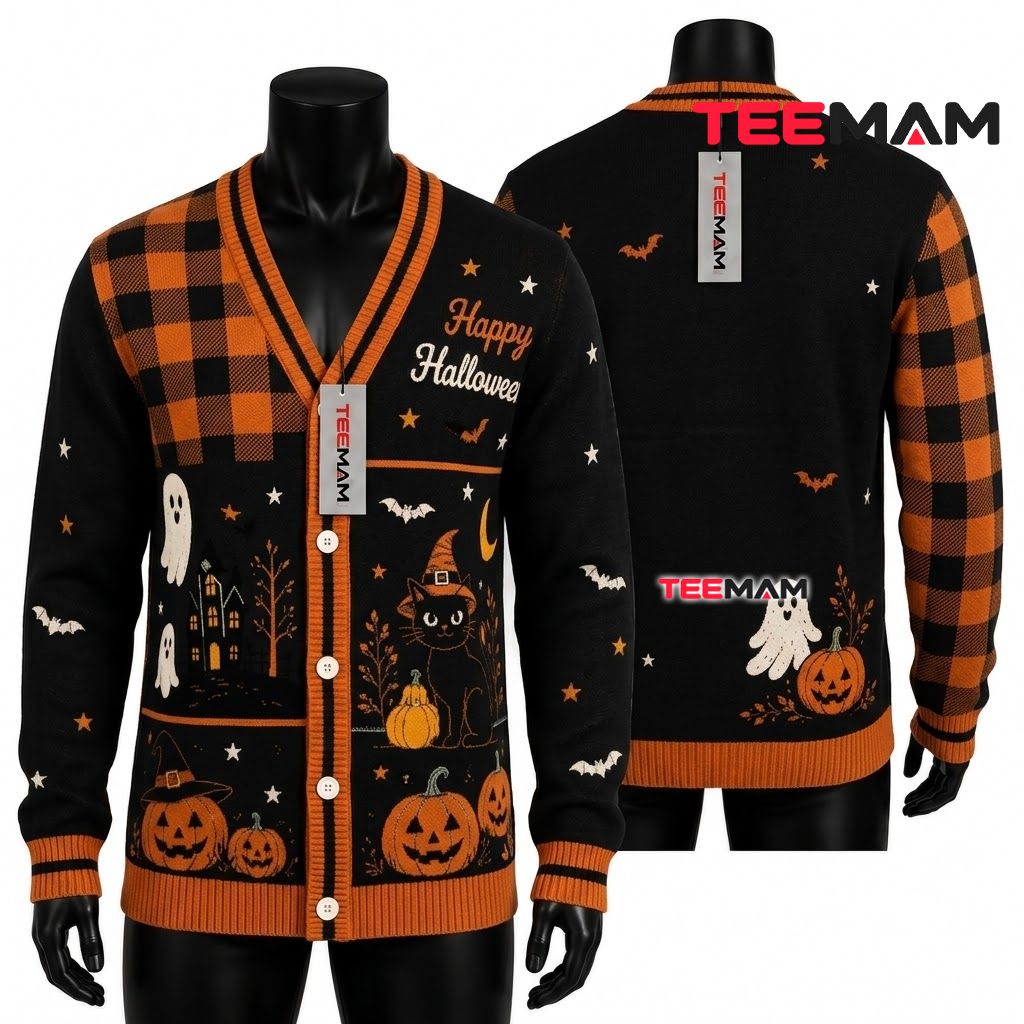 Buffalo Plaid Halloween Cardigan Black Cat 1