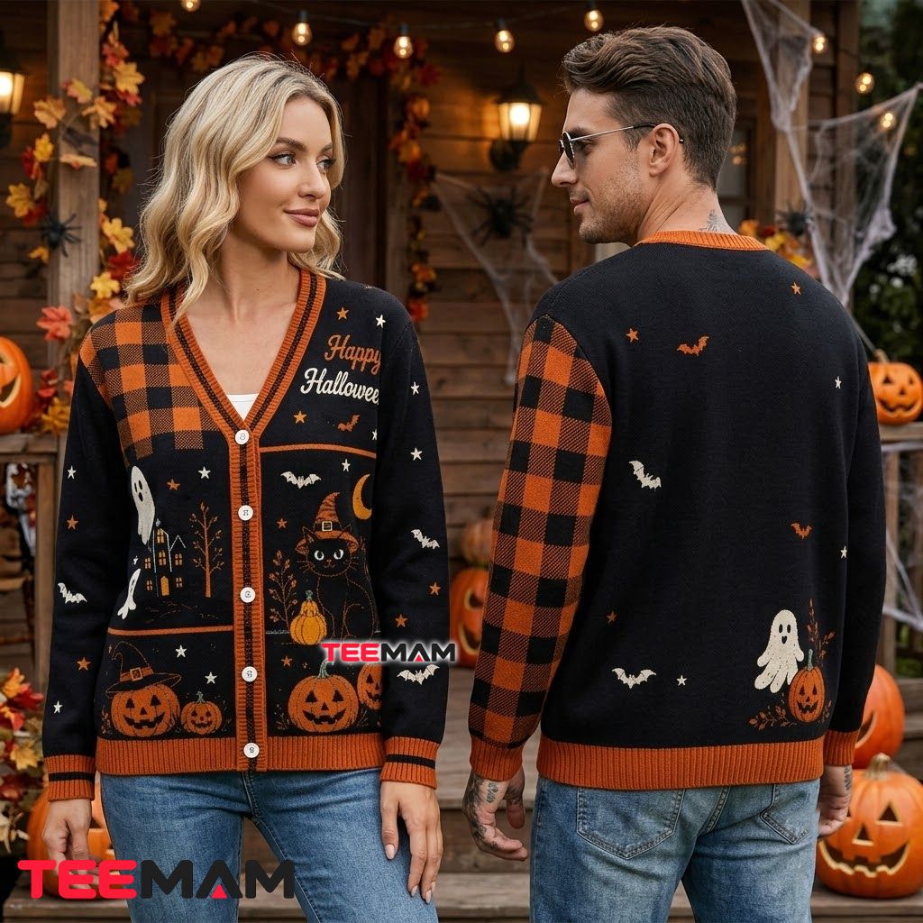 Buffalo Plaid Halloween Cardigan Black Cat 2 Buffalo Plaid Halloween Cardigan Black Cat 2