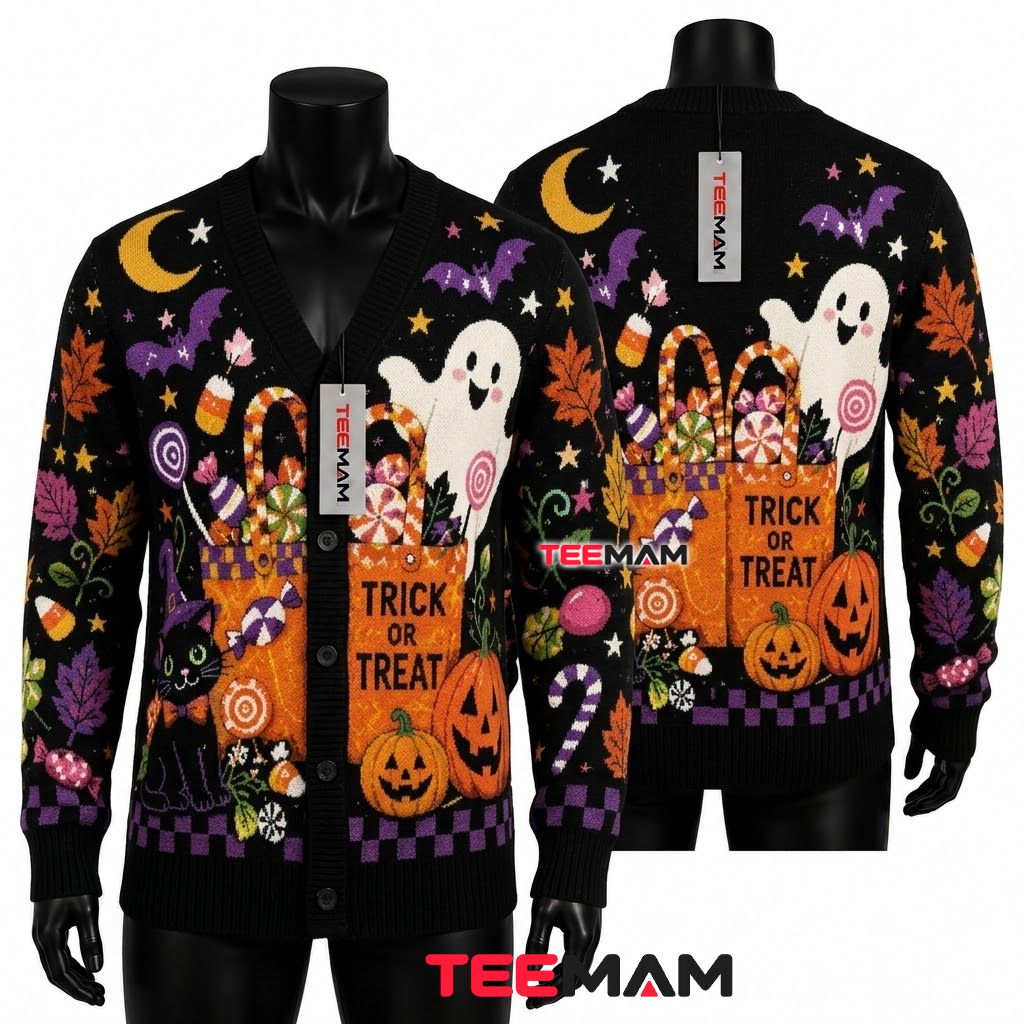 Candy Halloween Cardigan Black Cat Ghost Sweater 1
