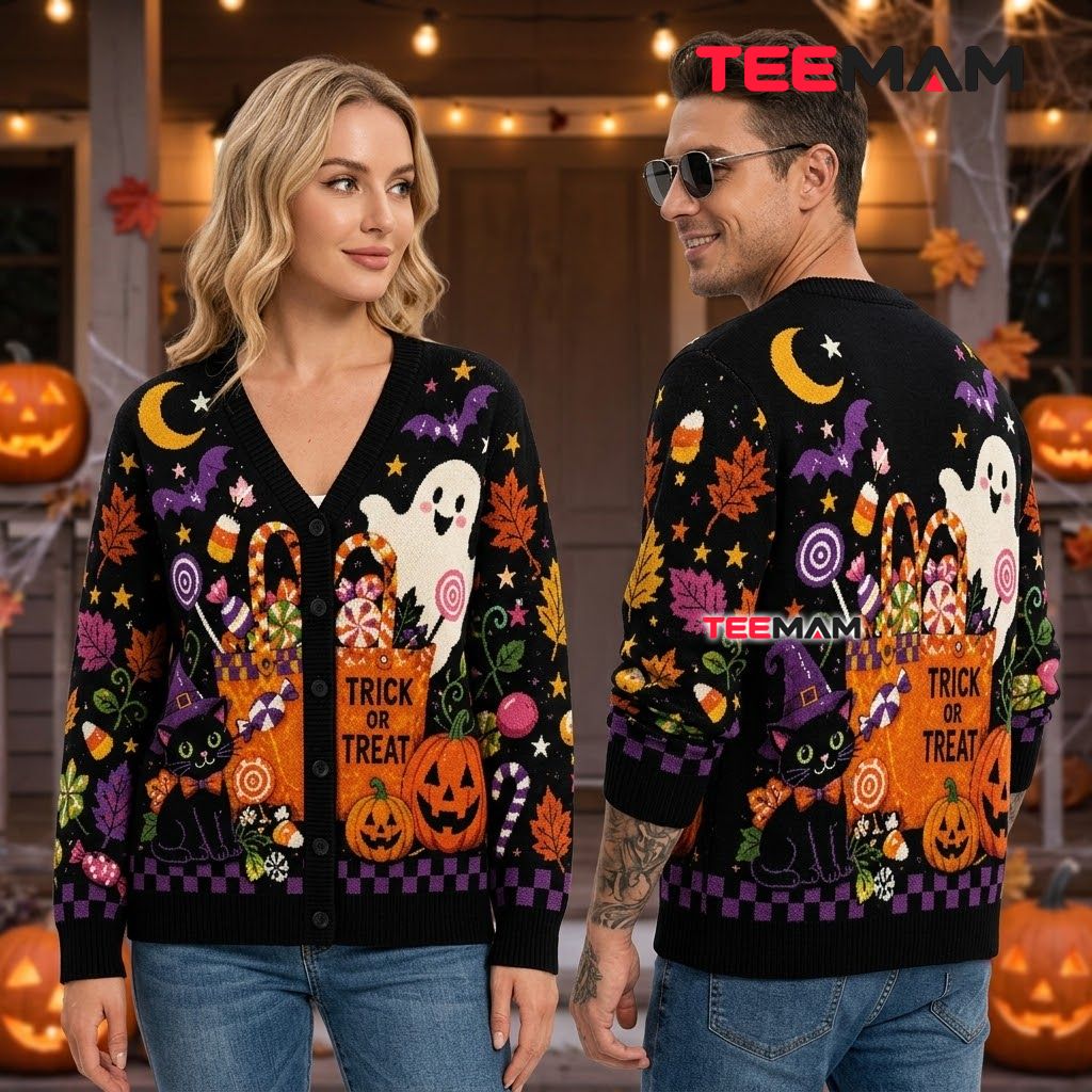 Candy Halloween Cardigan Black Cat Ghost Sweater 2 Candy Halloween Cardigan Black Cat Ghost Sweater 2