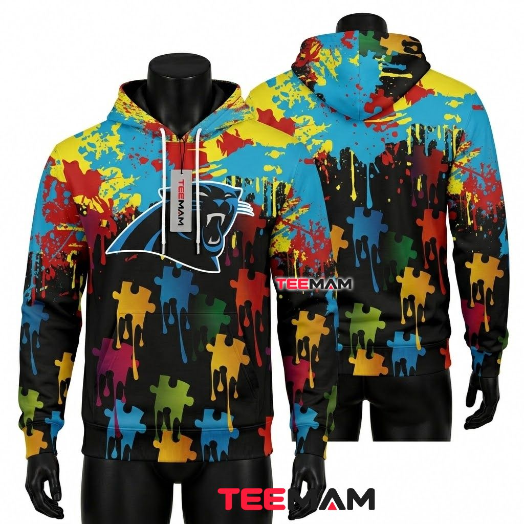 Carolina Panthers 3D Hoodie Autism Puzzle Paint Front