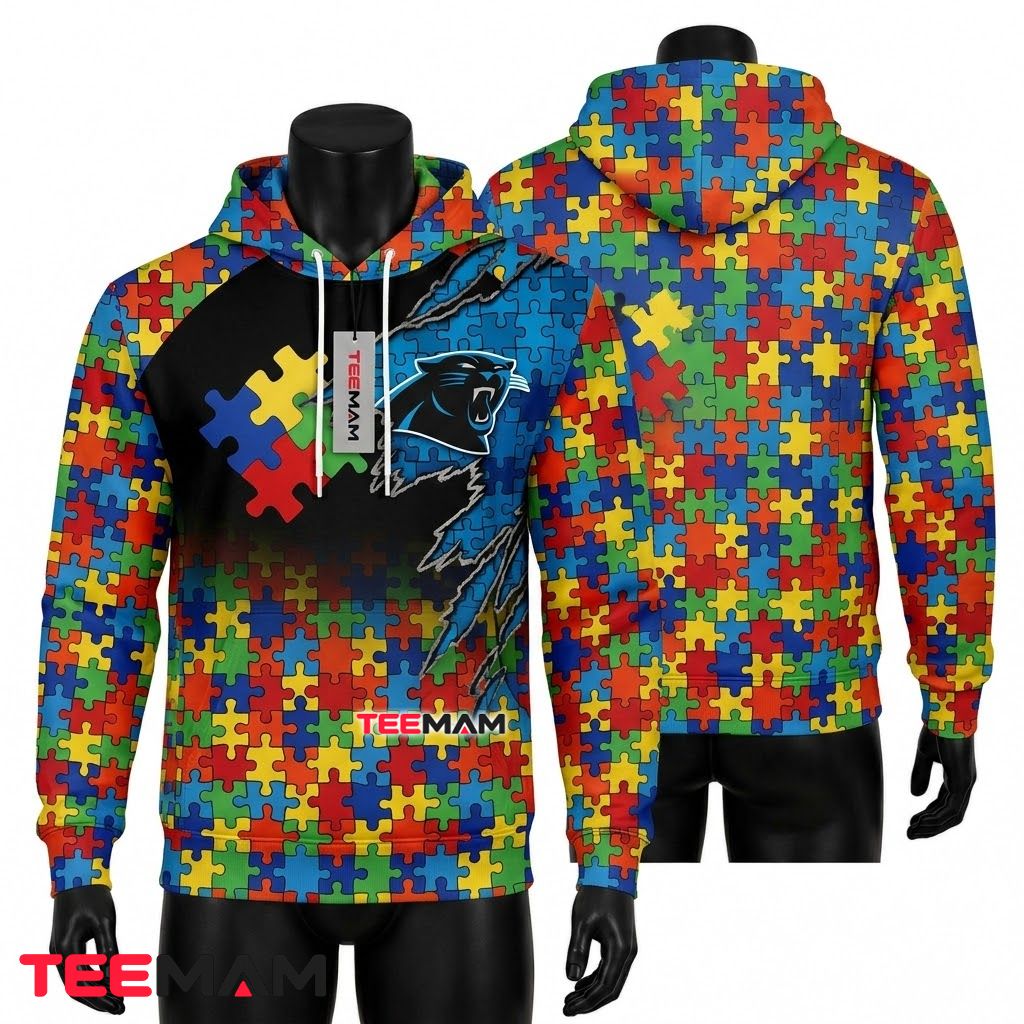Carolina Panthers 3D Hoodie Puzzle Claw Autism Front
