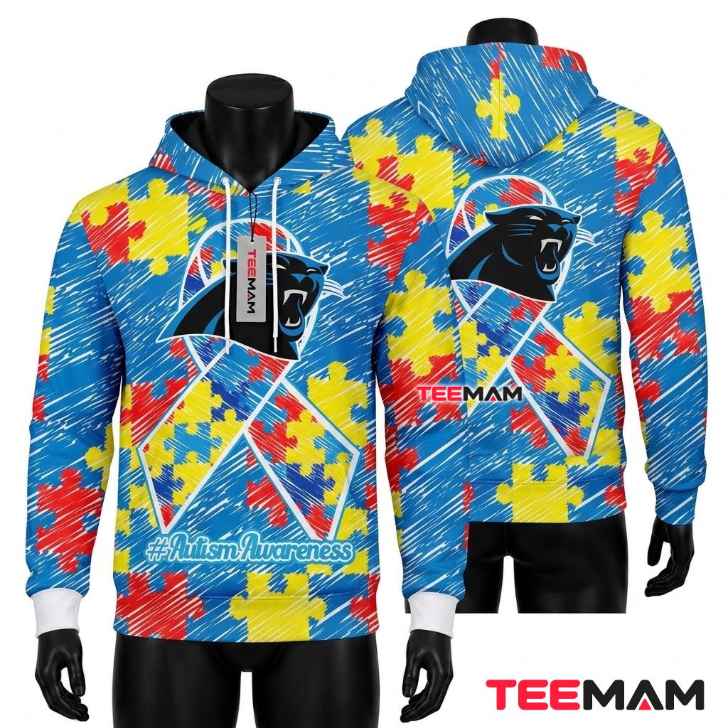 Carolina Panthers 3D Hoodie Puzzle Ribbon Autism Front