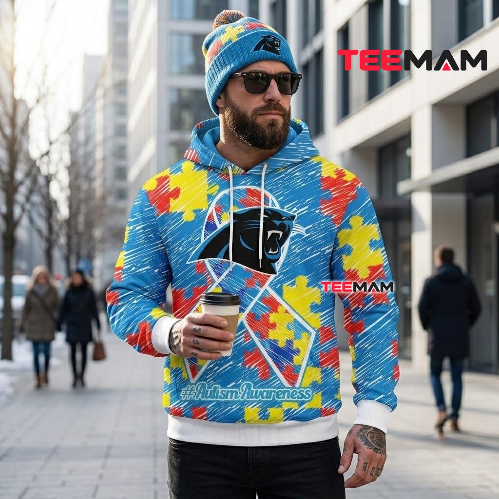 Carolina Panthers 3D Hoodie Puzzle Ribbon Autism Back Carolina Panthers 3D Hoodie Puzzle Ribbon Autism Back