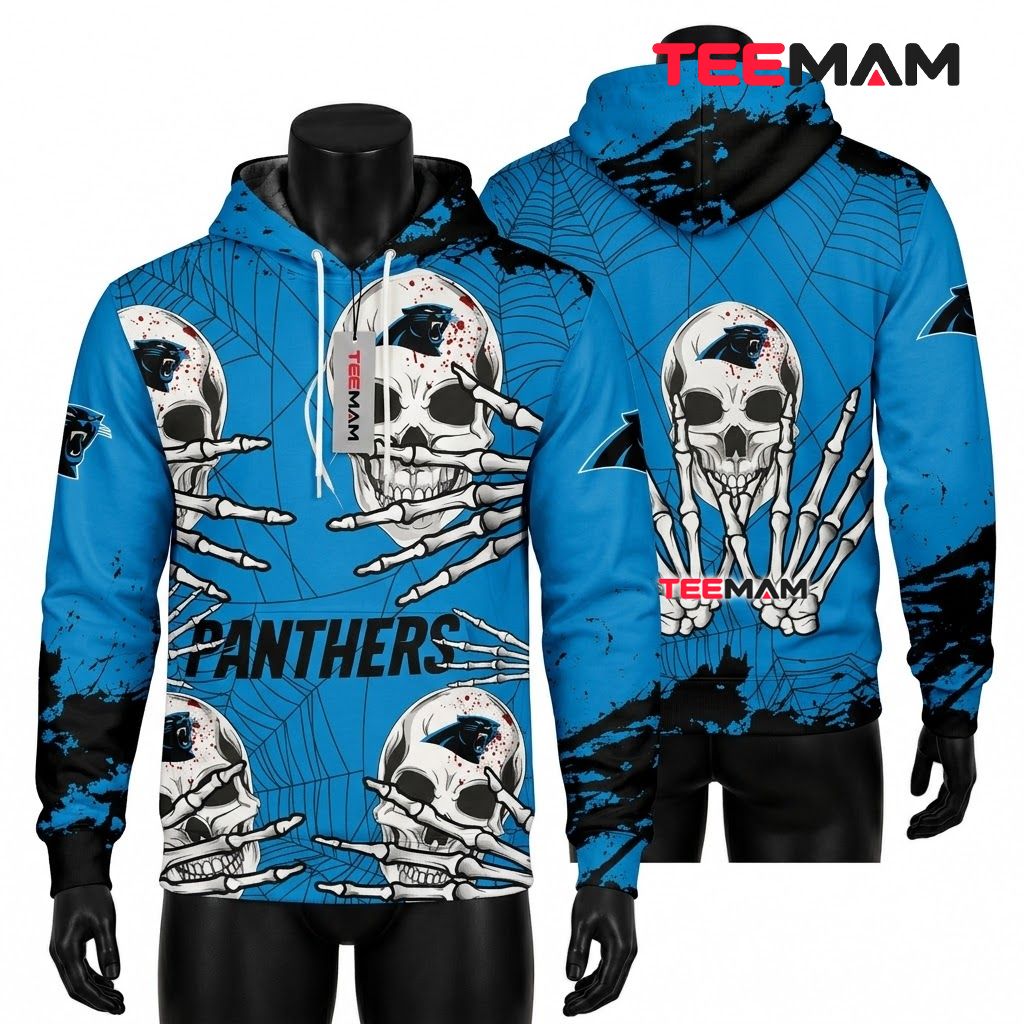 Carolina Panthers 3D Hoodie Skeleton Hand Spiderweb Front