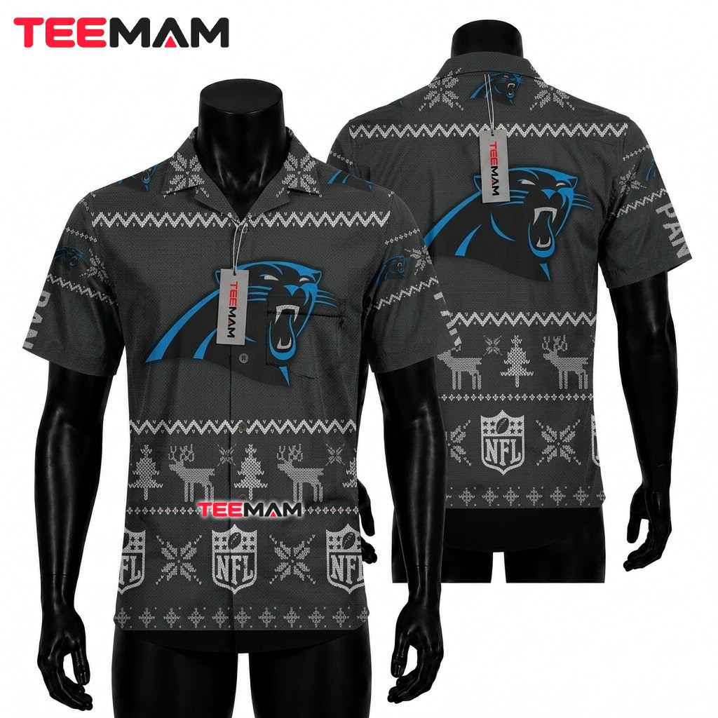 Carolina Panthers Button Up Shirt Ugly Christmas Front