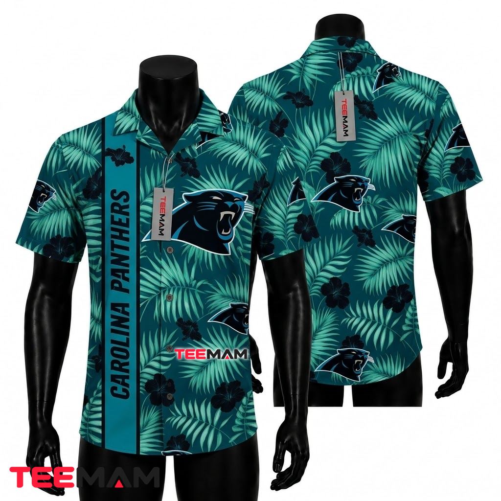 Carolina Panthers Hawaiian Shirt Fern Hibiscus Beach Front