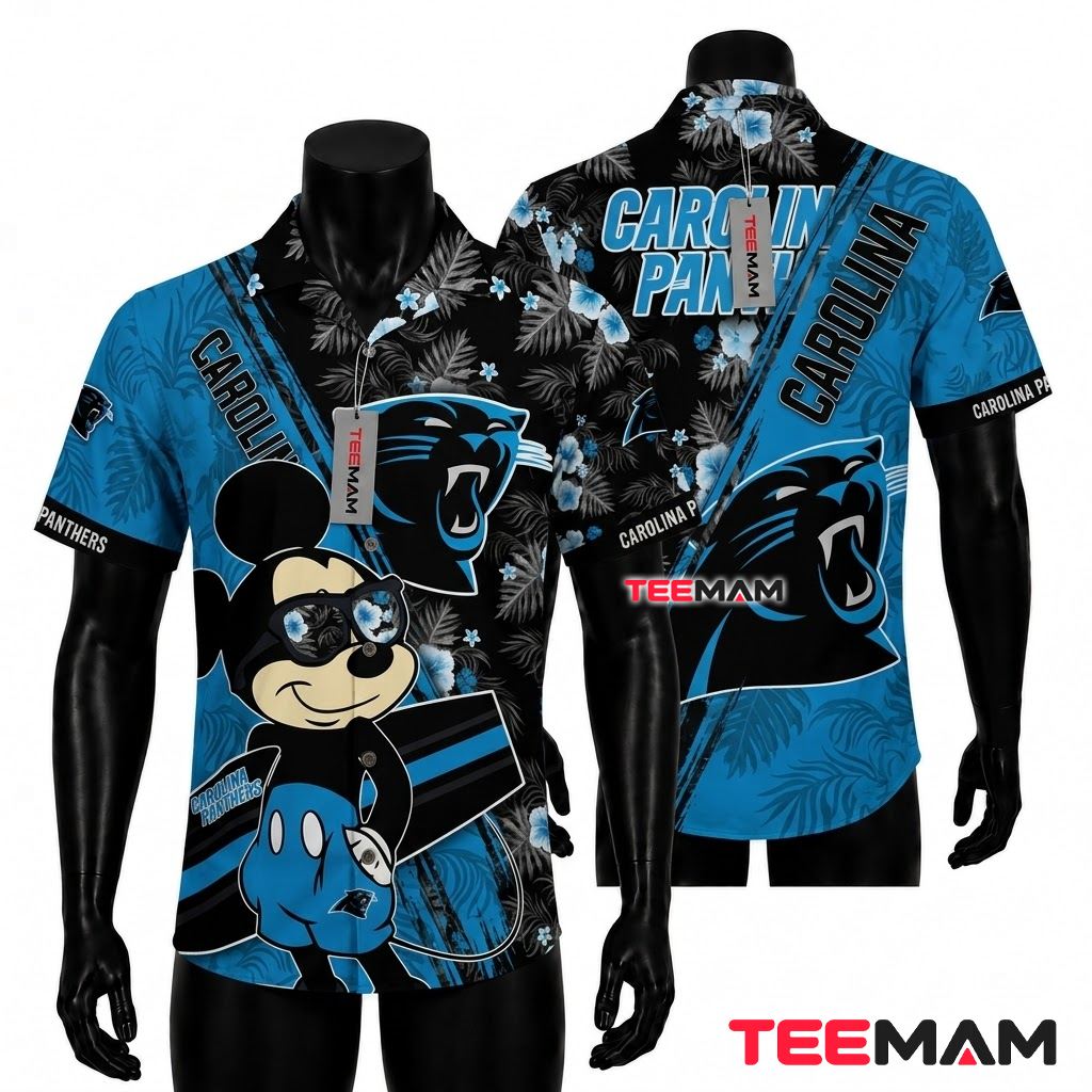 Carolina Panthers Hawaiian Shirt Mickey Hibiscus Front