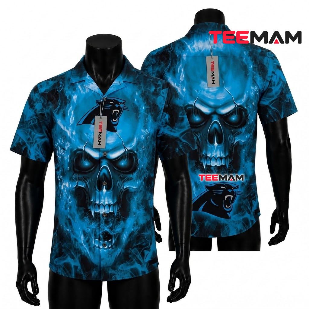 Carolina Panthers Hawaiian Shirt Neon Skull Front