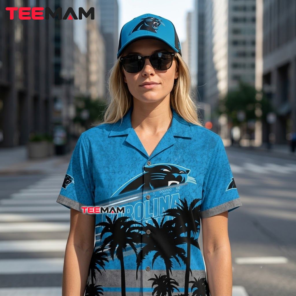 Carolina Panthers Hawaiian Shirt Palm Silhouette Beach Back Carolina Panthers Hawaiian Shirt Palm Silhouette Beach Back