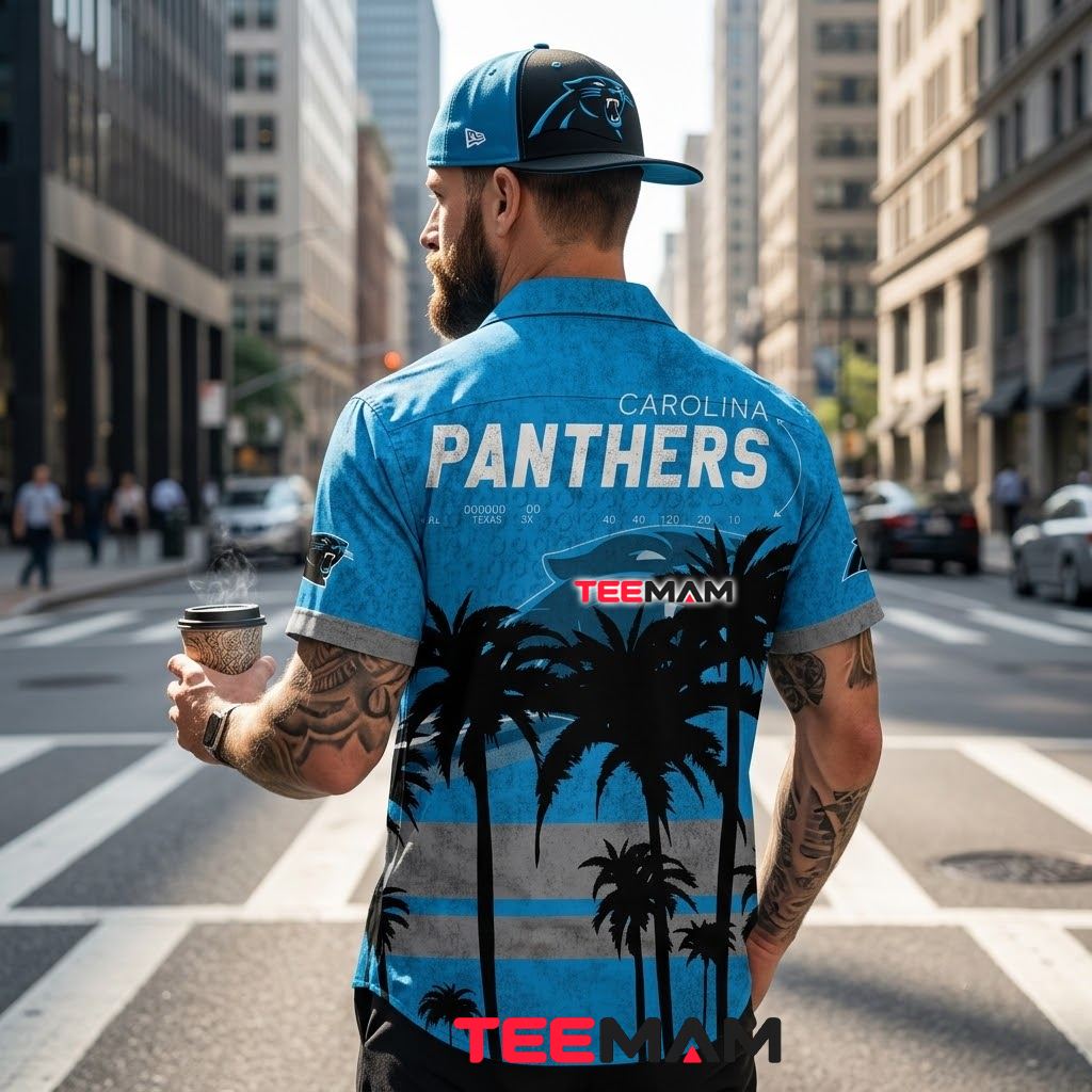 Carolina Panthers Hawaiian Shirt Palm Silhouette Beach Version 3 Carolina Panthers Hawaiian Shirt Palm Silhouette Beach Version 3