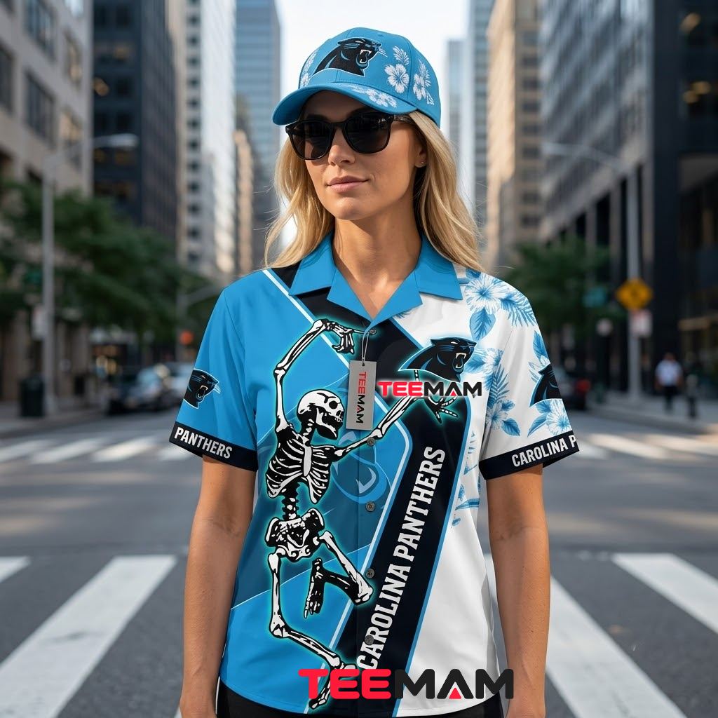 Carolina Panthers Tropical Shirt Dancing Skeleton Back Carolina Panthers Tropical Shirt Dancing Skeleton Back