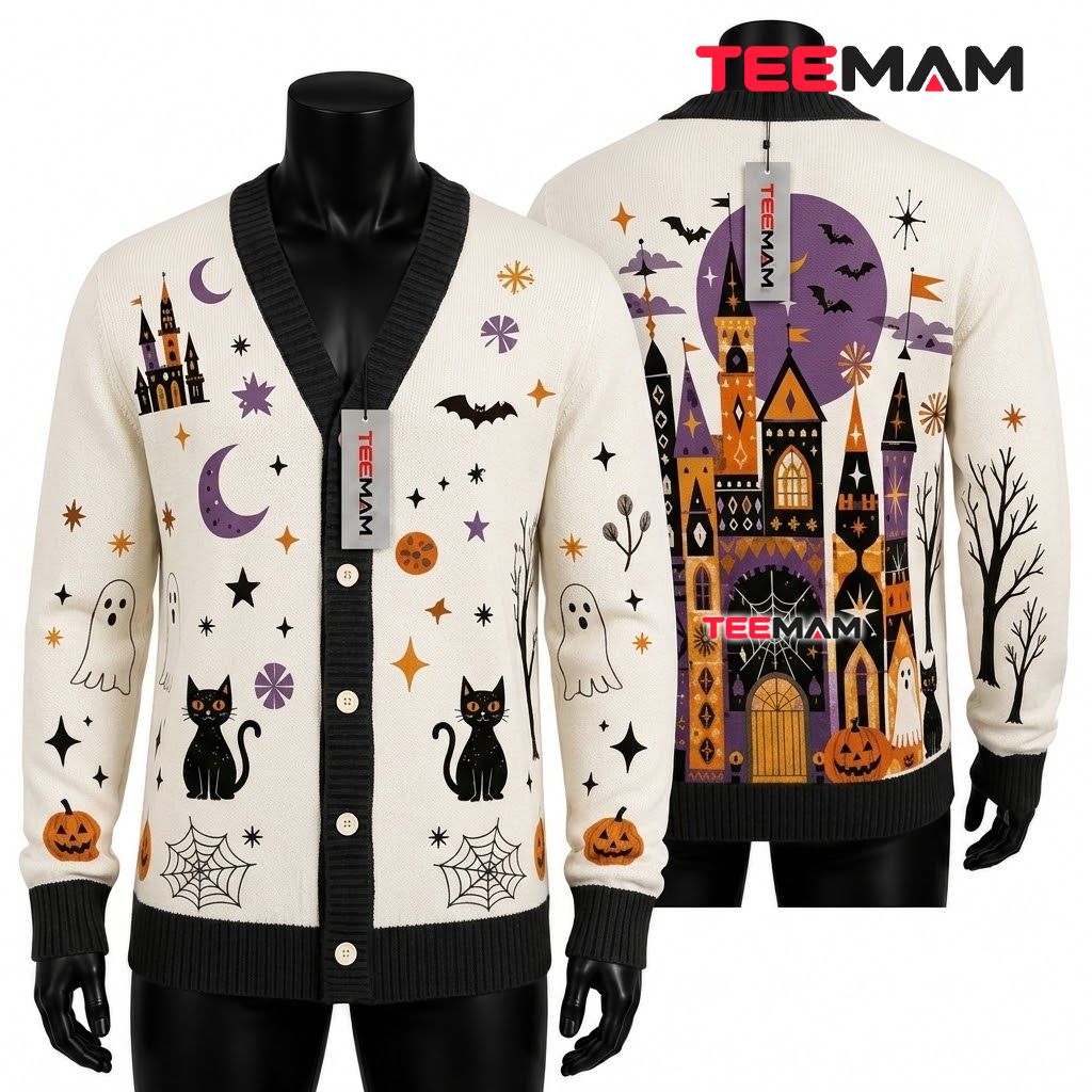 Castle Halloween Cardigan Mosaic Black Cat 1
