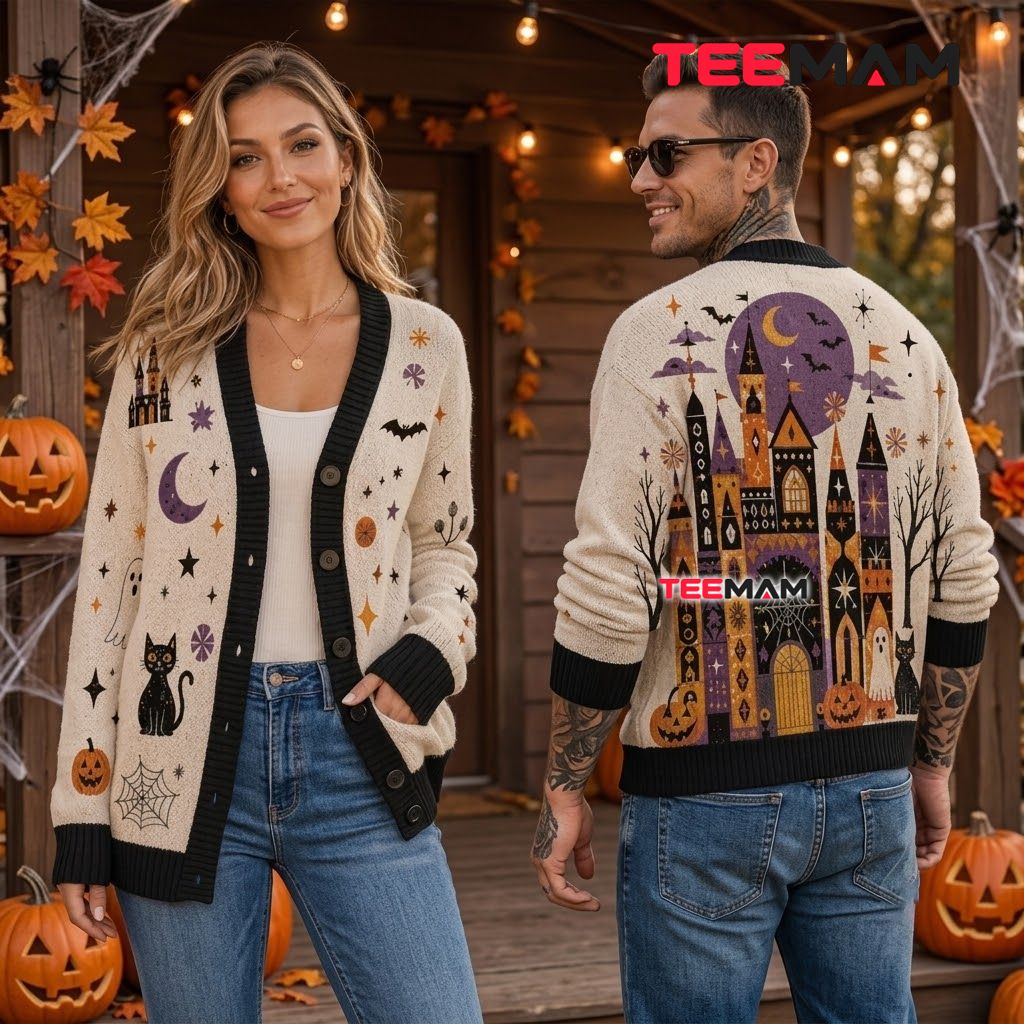 Castle Halloween Cardigan Mosaic Black Cat 2 Castle Halloween Cardigan Mosaic Black Cat 2