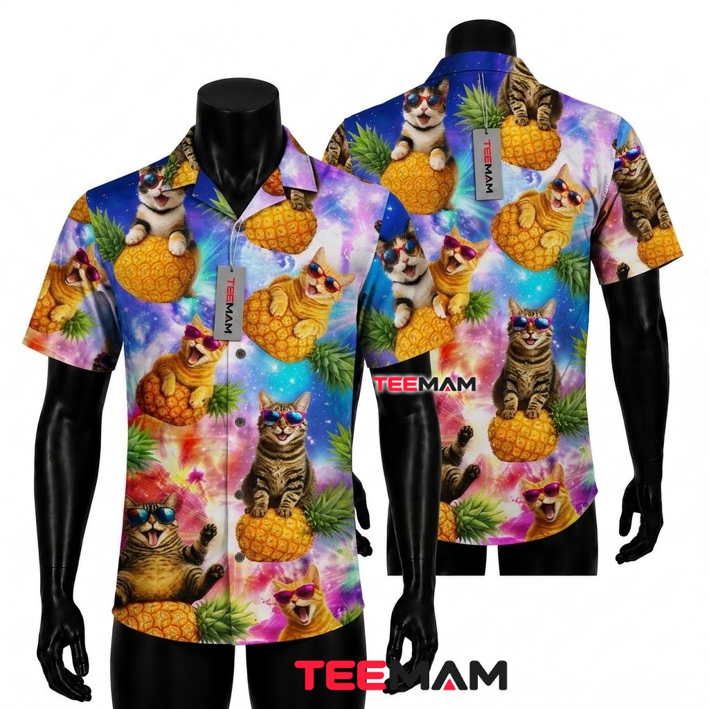 Cat Pineapple Hawaiian Shirt Sunglasses Galaxy Print Front
