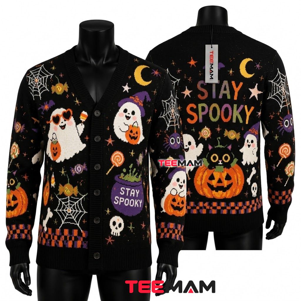 Cheerful Halloween Cardigan Ghost Black Cat 1