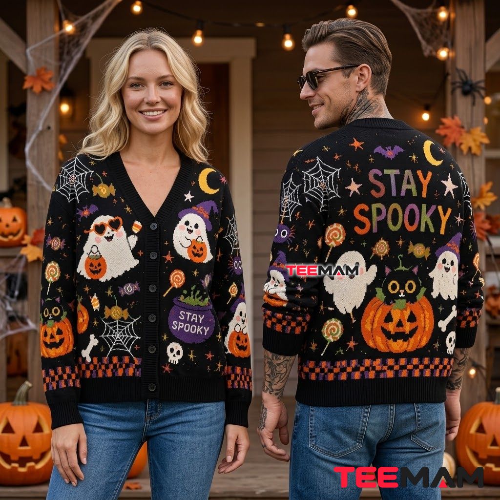 Cheerful Halloween Cardigan Ghost Black Cat 2 Cheerful Halloween Cardigan Ghost Black Cat 2