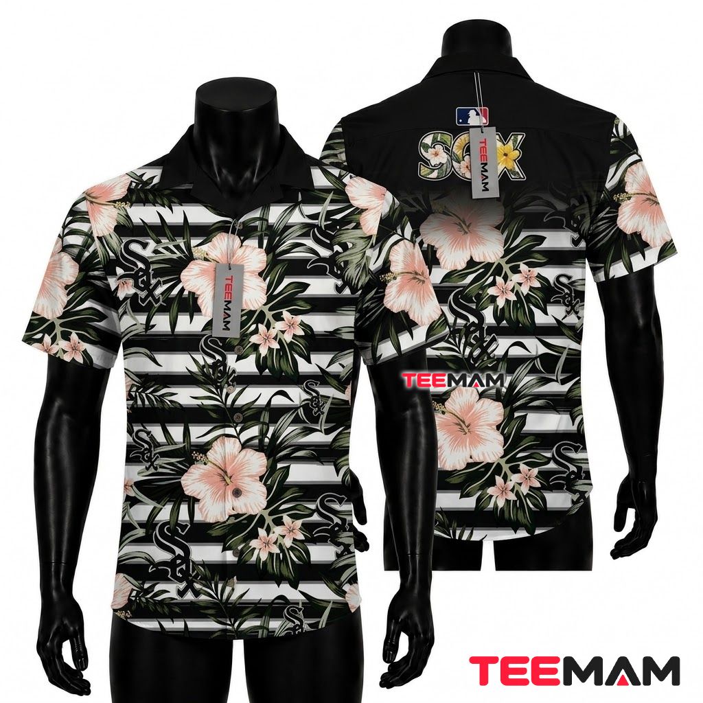 Chicago White Sox Hawaiian Shirt Striped Pink Hibiscus Front