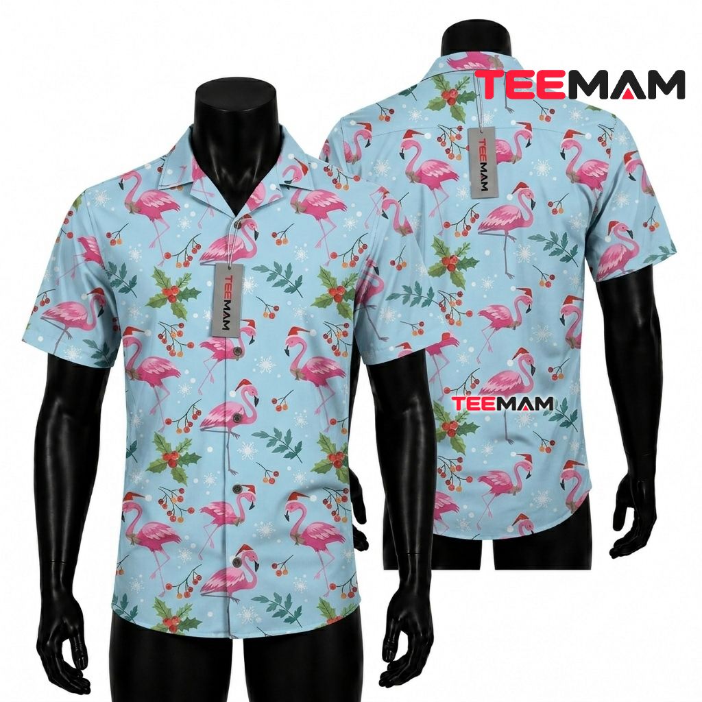 Christmas Flamingo Hawaiian Shirt Santa Hat Snowflakes Light Blue Front