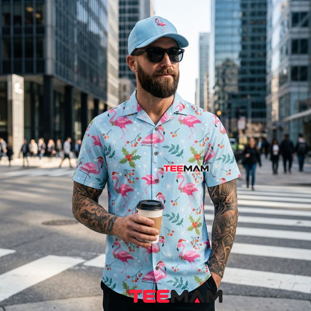 Christmas Flamingo Hawaiian Shirt Santa Hat Snowflakes Light Blue Back Christmas Flamingo Hawaiian Shirt Santa Hat Snowflakes Light Blue Back