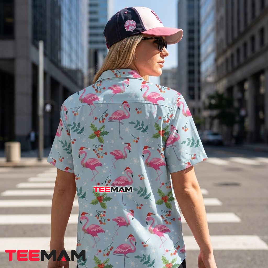 Christmas Flamingo Hawaiian Shirt Santa Hat Snowflakes Light Blue Version 3 Christmas Flamingo Hawaiian Shirt Santa Hat Snowflakes Light Blue Version 3